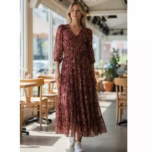 Halogen Lace-Up Front Tiered Maxi Dress Long Sleeve Gold Floral Romantic Sz XXL
